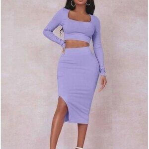 Sexy Solid Crop Tee & Split Thigh Skirt Set